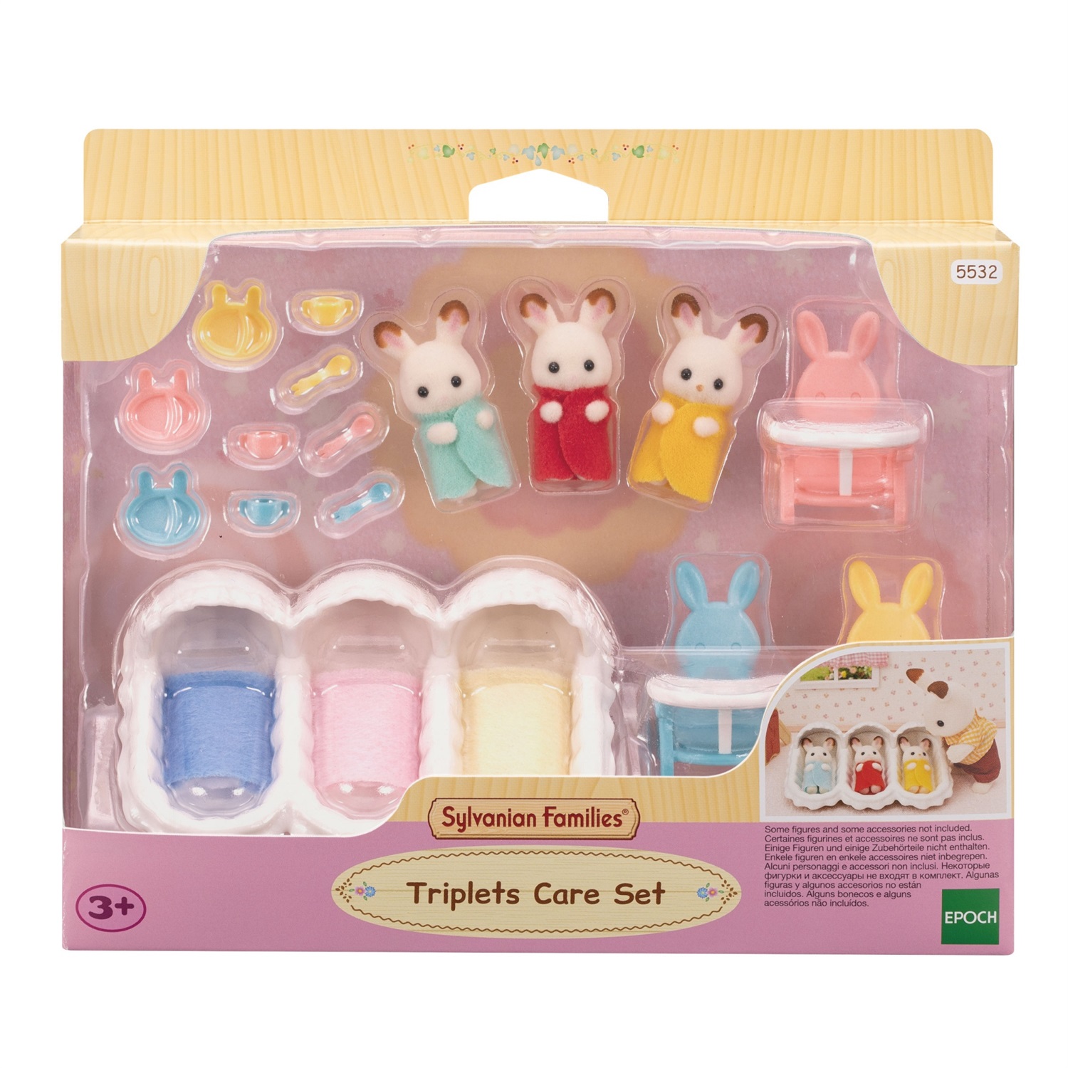 Sylvanian Families 5532 Triplets Care Set - Set di Coniglietti di Cioccolato con Accessori per il Momento della Pappa