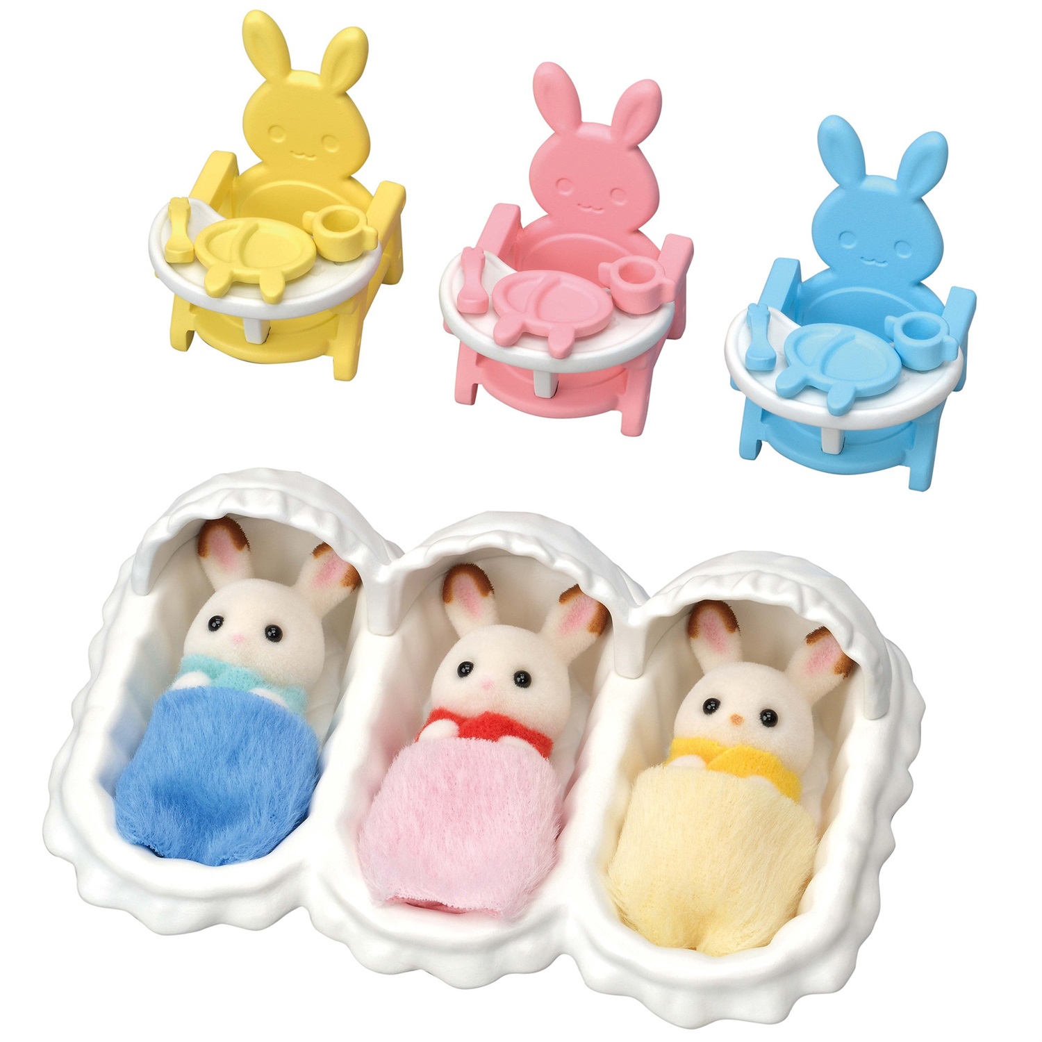 Sylvanian Families 5532 Triplets Care Set - Set di Coniglietti di Cioccolato con Accessori per il Momento della Pappa