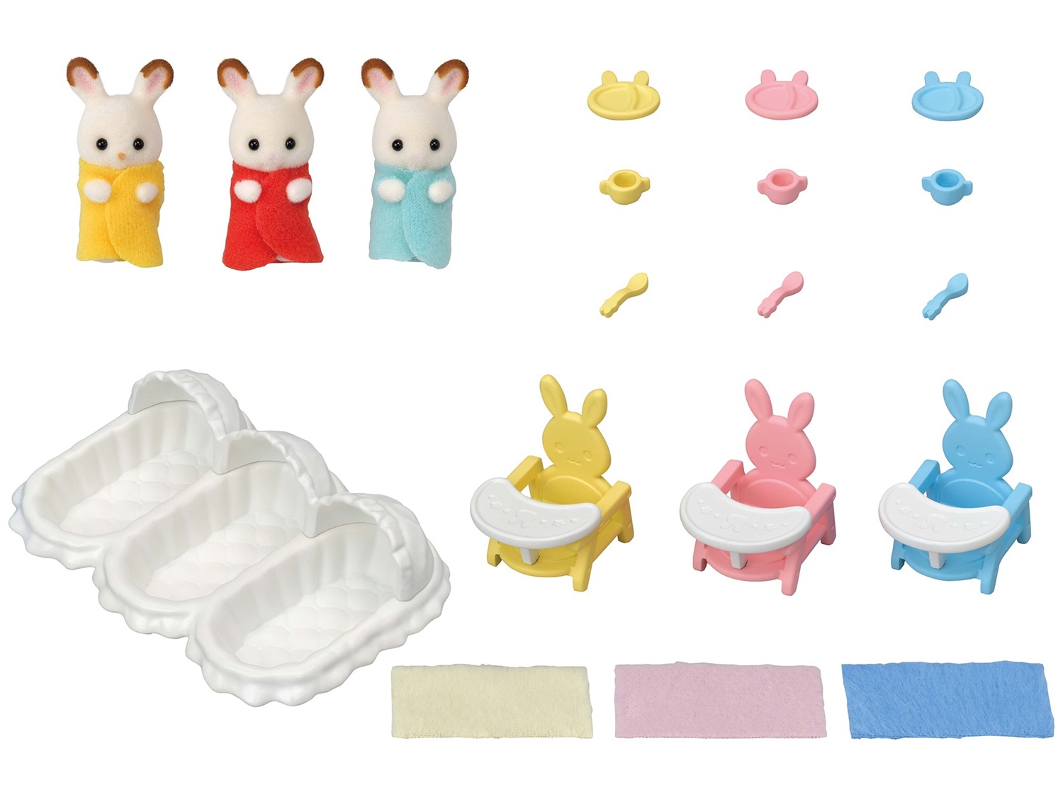Sylvanian Families 5532 Triplets Care Set - Set di Coniglietti di Cioccolato con Accessori per il Momento della Pappa