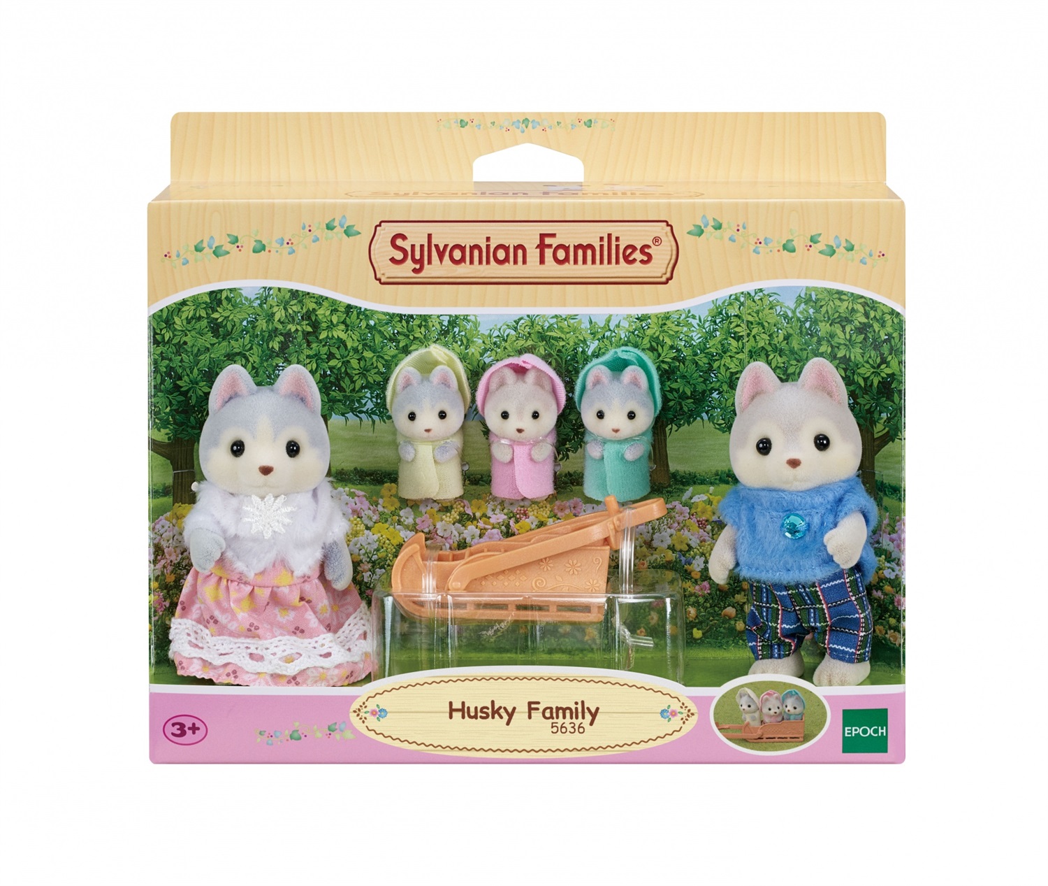 Sylvanian Families 5636 - Famiglia Husky con 5 personaggi e slitta, gioco di ruolo per bambini