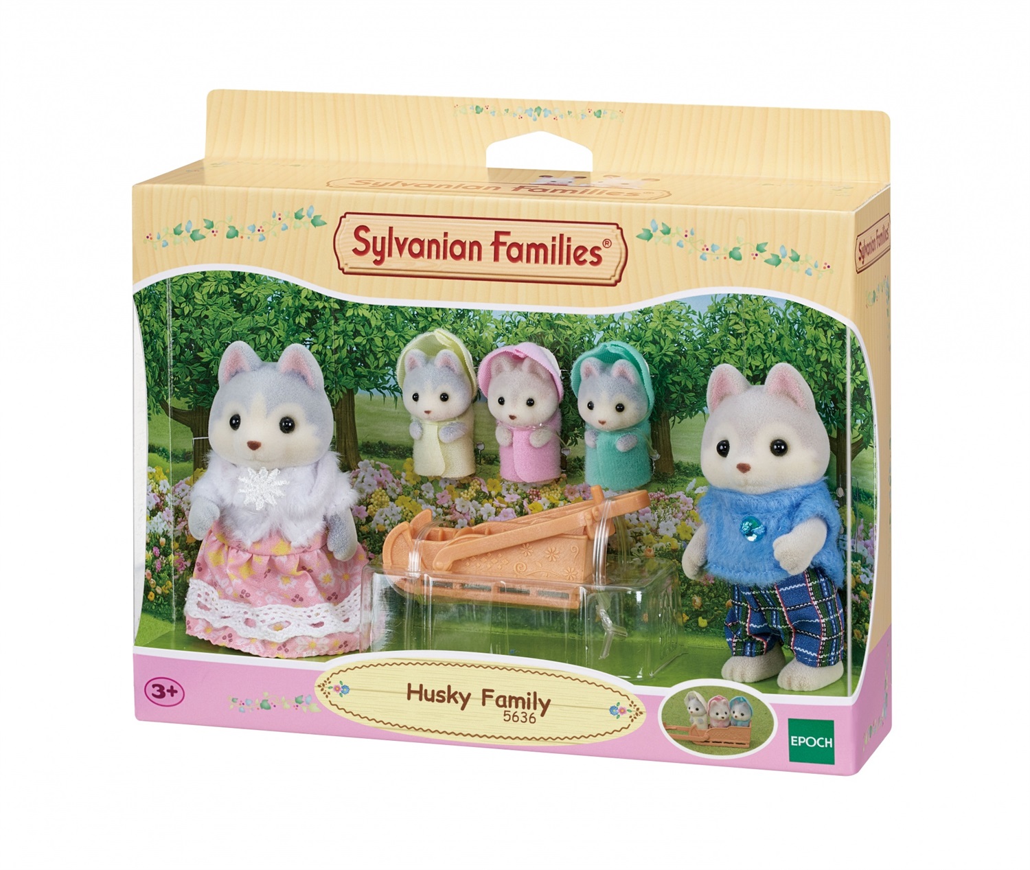 Sylvanian Families 5636 - Famiglia Husky con 5 personaggi e slitta, gioco di ruolo per bambini