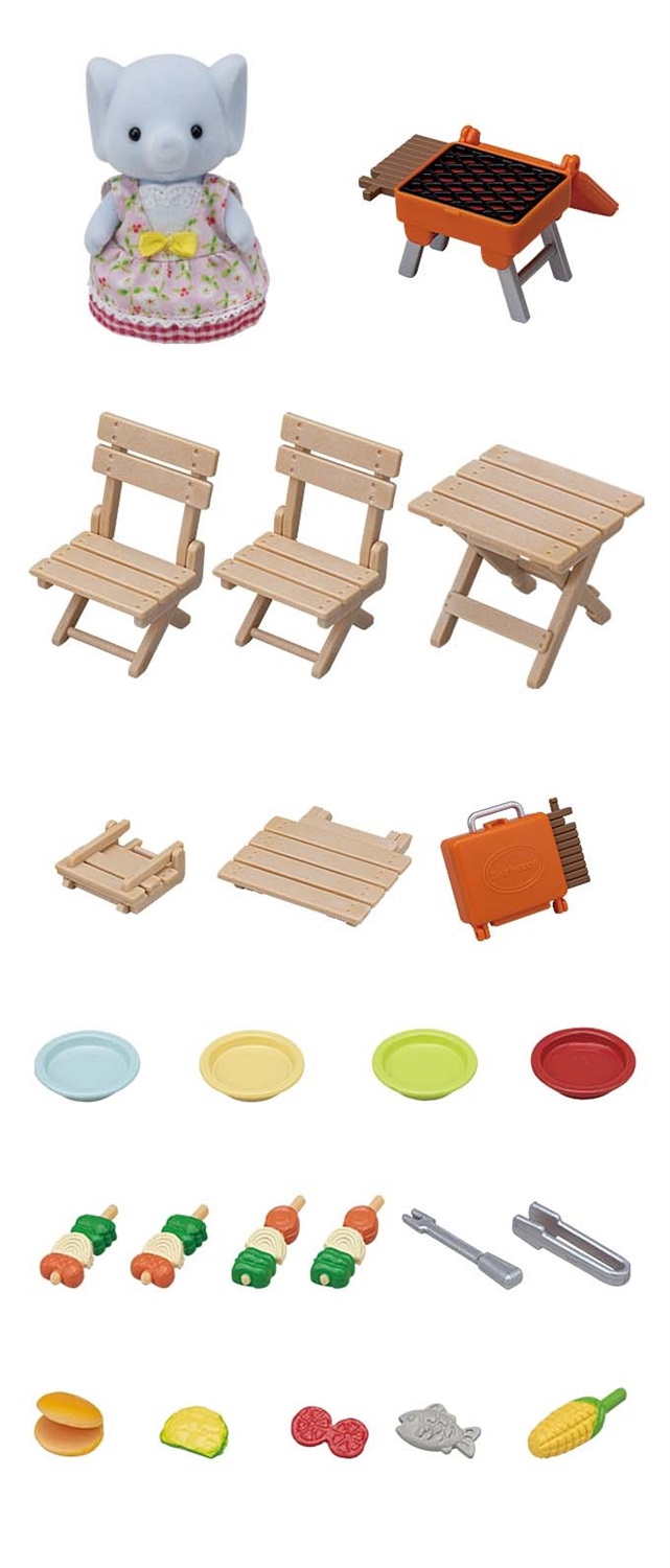 Sylvanian Families 5640 Set Barbeque per Picnic con Miriam la Ragazza Elefante - Include Accessori Colorati e Tavolo Ripiegabile