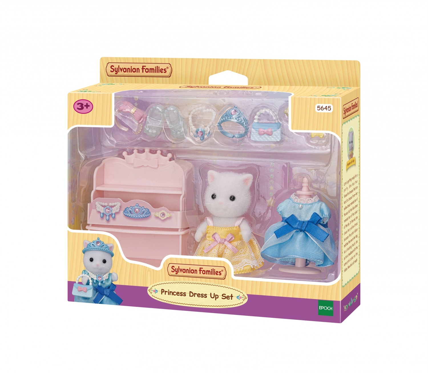 Sylvanian Families 5645 Set Vestiti da Principessa con Lyra, Gatta Persiana, Vestito Giallo e Blu, Accessori di Moda e Mobili