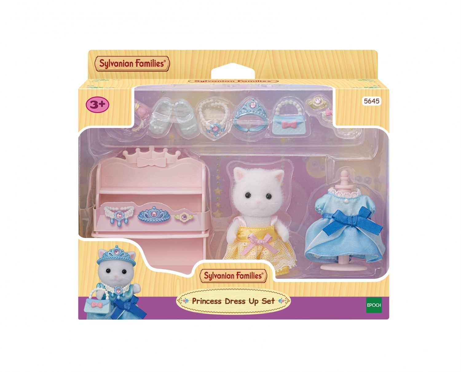 Sylvanian Families 5645 Set Vestiti da Principessa con Lyra, Gatta Persiana, Vestito Giallo e Blu, Accessori di Moda e Mobili
