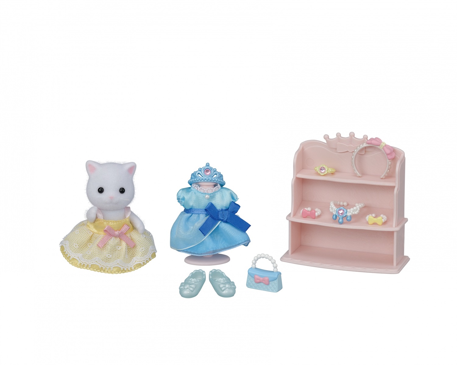Sylvanian Families 5645 Set Vestiti da Principessa con Lyra, Gatta Persiana, Vestito Giallo e Blu, Accessori di Moda e Mobili