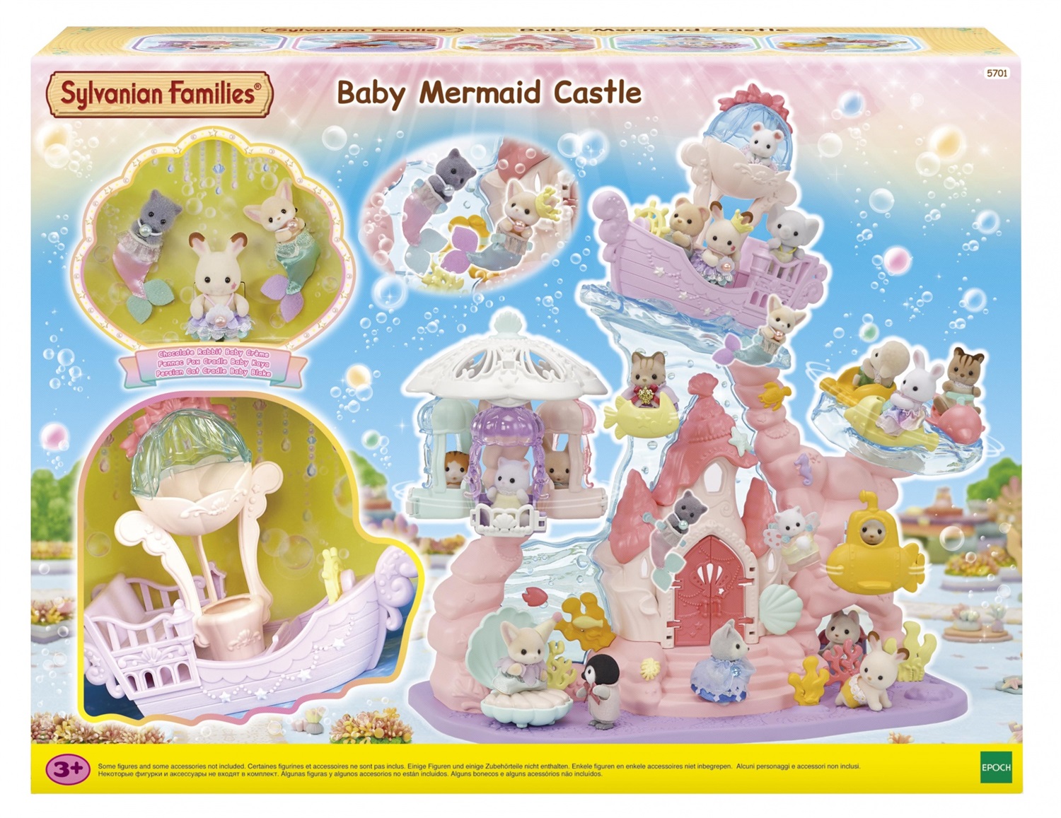 Sylvanian Families Baby Mermaid Castle - Set di Giocattoli con 3 Personaggi, Ascensore e Giostra delle Creature Marine