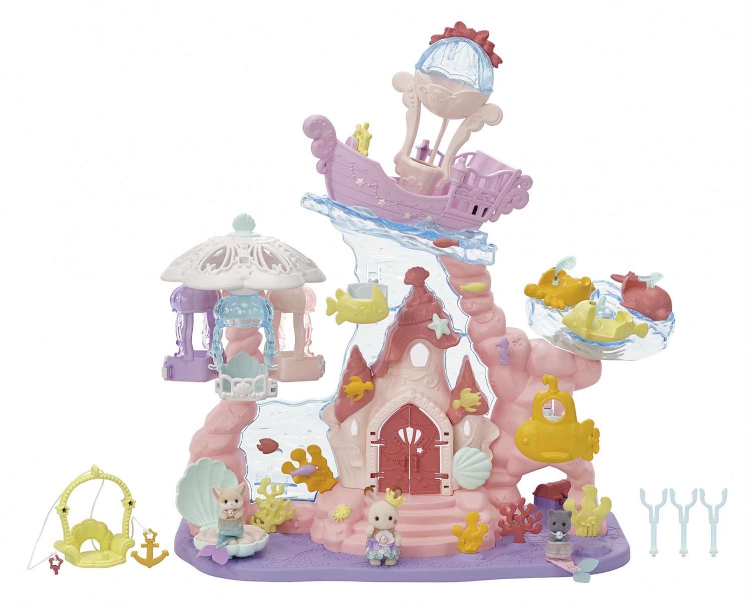Sylvanian Families Baby Mermaid Castle - Set di Giocattoli con 3 Personaggi, Ascensore e Giostra delle Creature Marine