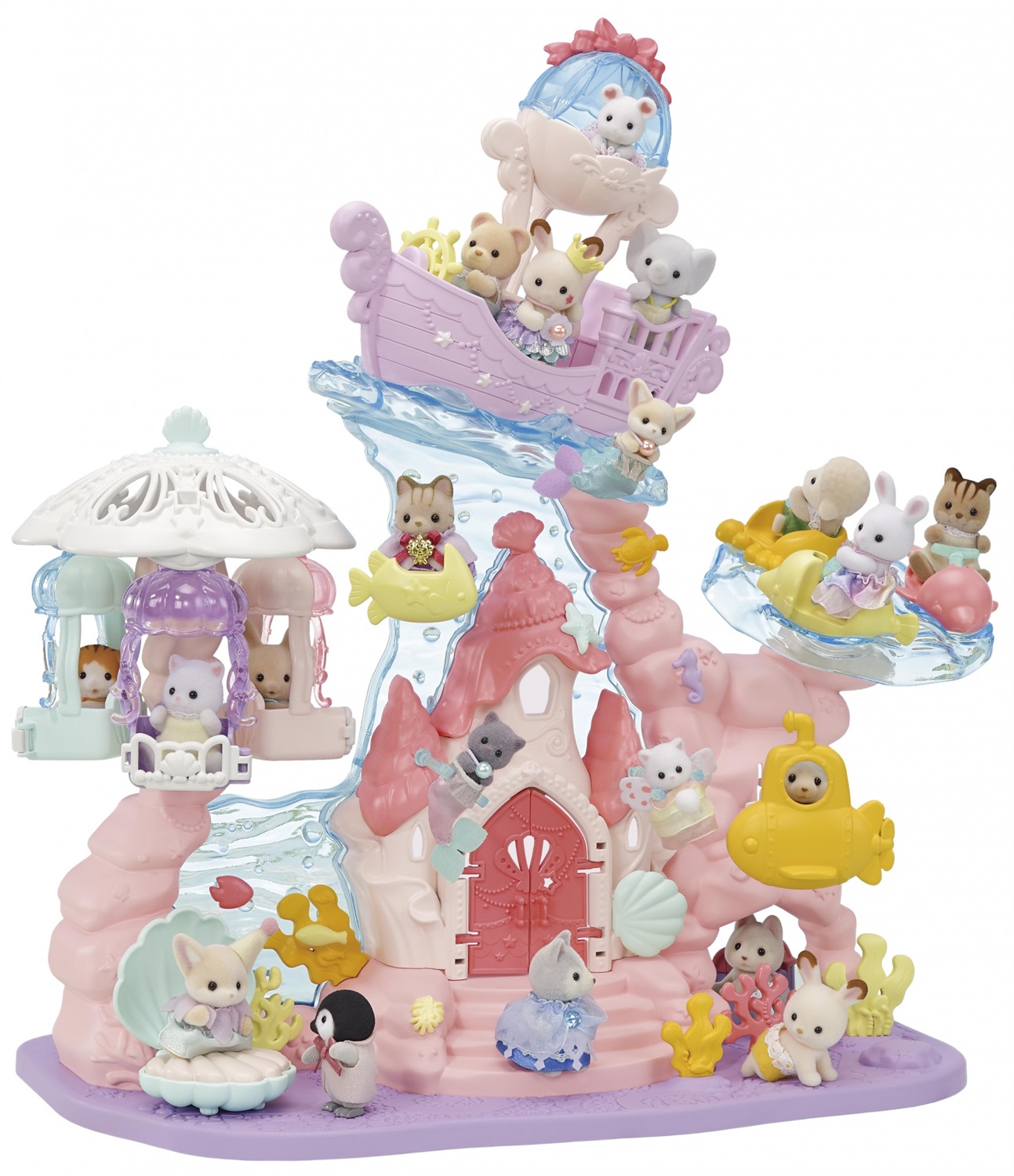 Sylvanian Families Baby Mermaid Castle - Set di Giocattoli con 3 Personaggi, Ascensore e Giostra delle Creature Marine