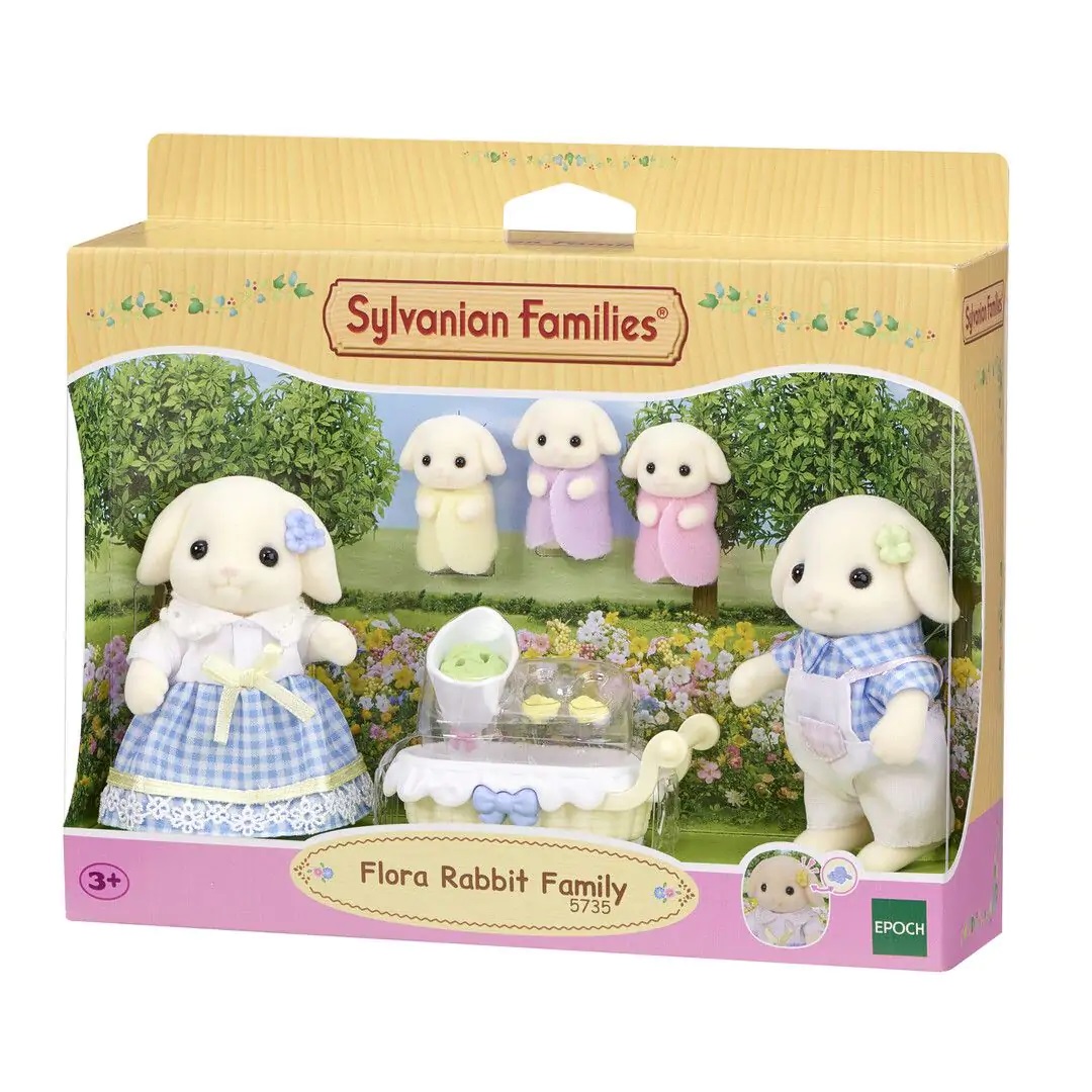 Sylvanian Families - Famiglia Coniglio Flora - Set di 5 Personaggi (Papà, Mamma, 3 Bebè) con Abiti Floreali e Carrozzina - Modello 5735
