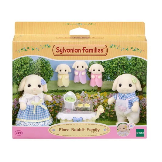 Sylvanian Families - Famiglia Coniglio Flora - Set di 5 Personaggi (Papà, Mamma, 3 Bebè) con Abiti Floreali e Carrozzina - Modello 5735