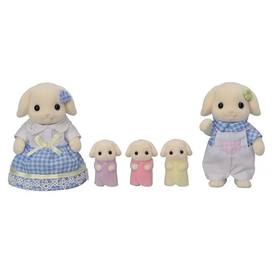 Sylvanian Families - Famiglia Coniglio Flora - Set di 5 Personaggi (Papà, Mamma, 3 Bebè) con Abiti Floreali e Carrozzina - Modello 5735