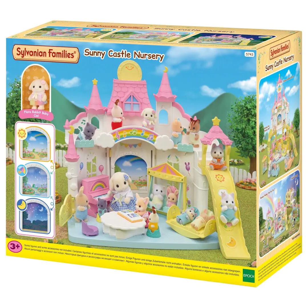 Sylvanian Families 5743 Asilo Nido Castello Sole con Bebè Coniglio Flora, Pianoforte, Altalena, Scivoli e Culla