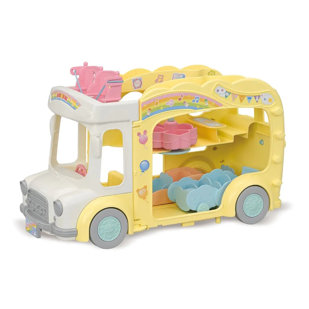 Sylvanian Families - 5744 Bus Arcobaleno Sole - Autobus Giocattolo Trasformabile in Area Giochi per Fino a 28 Bebè
