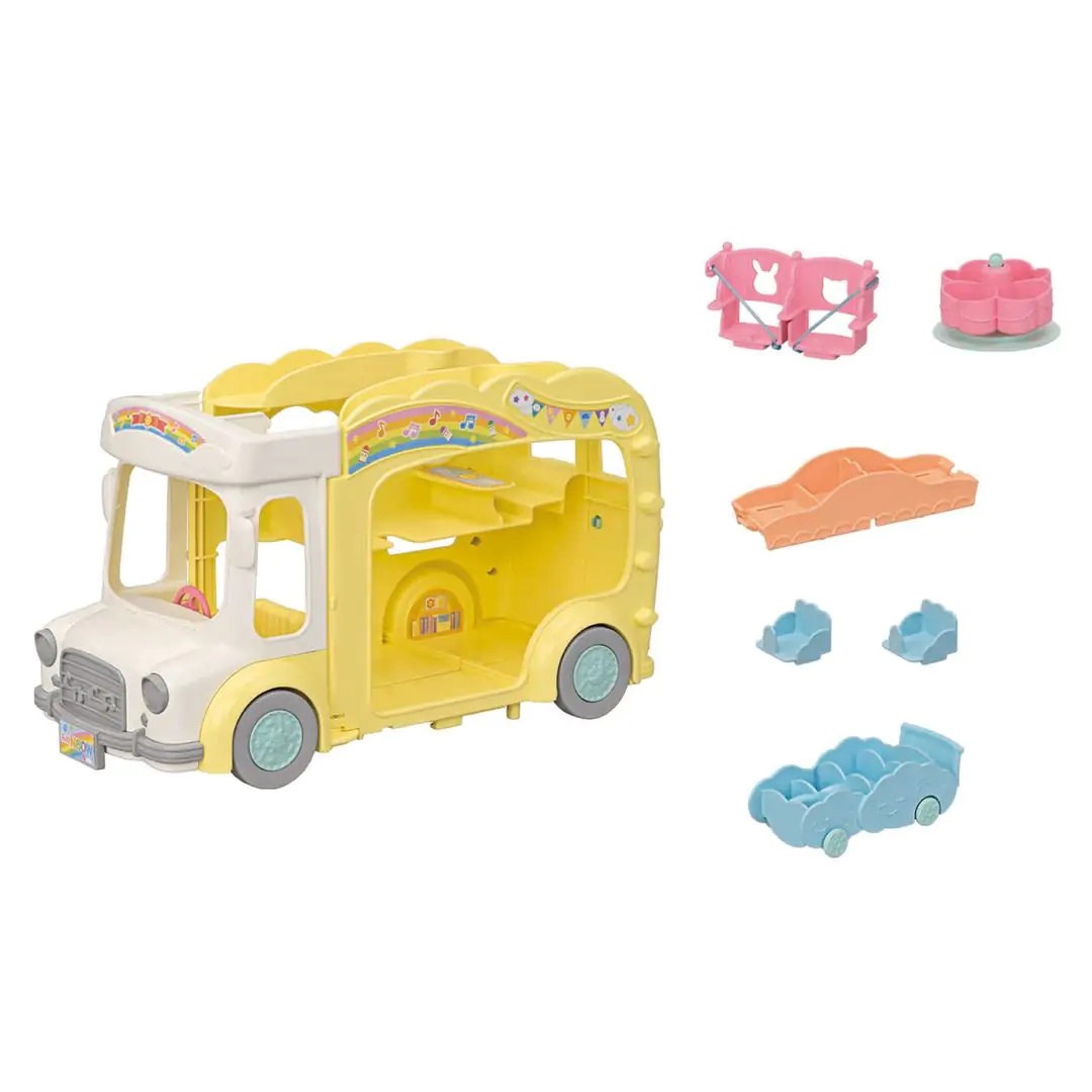 Sylvanian Families - 5744 Bus Arcobaleno Sole - Autobus Giocattolo Trasformabile in Area Giochi per Fino a 28 Bebè