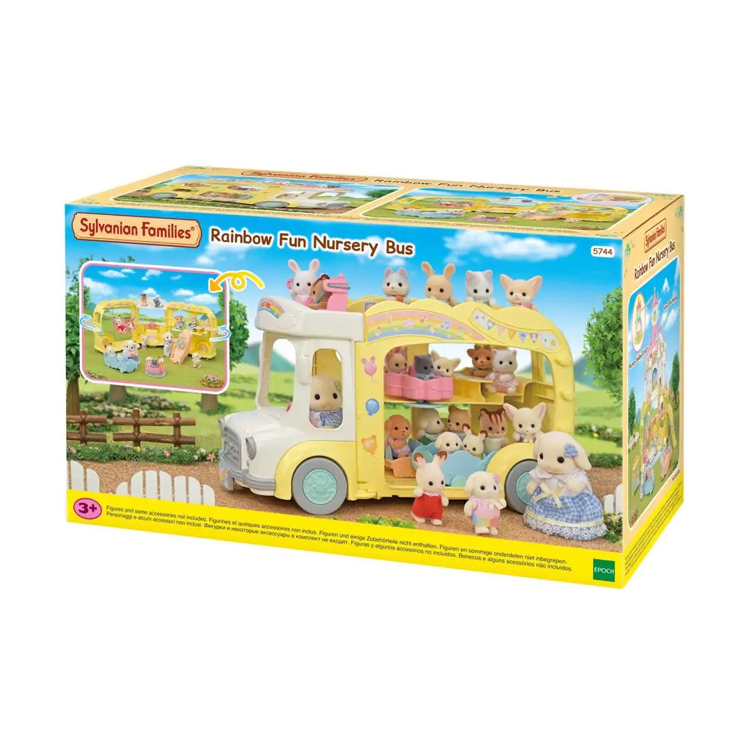 Sylvanian Families - 5744 Bus Arcobaleno Sole - Autobus Giocattolo Trasformabile in Area Giochi per Fino a 28 Bebè
