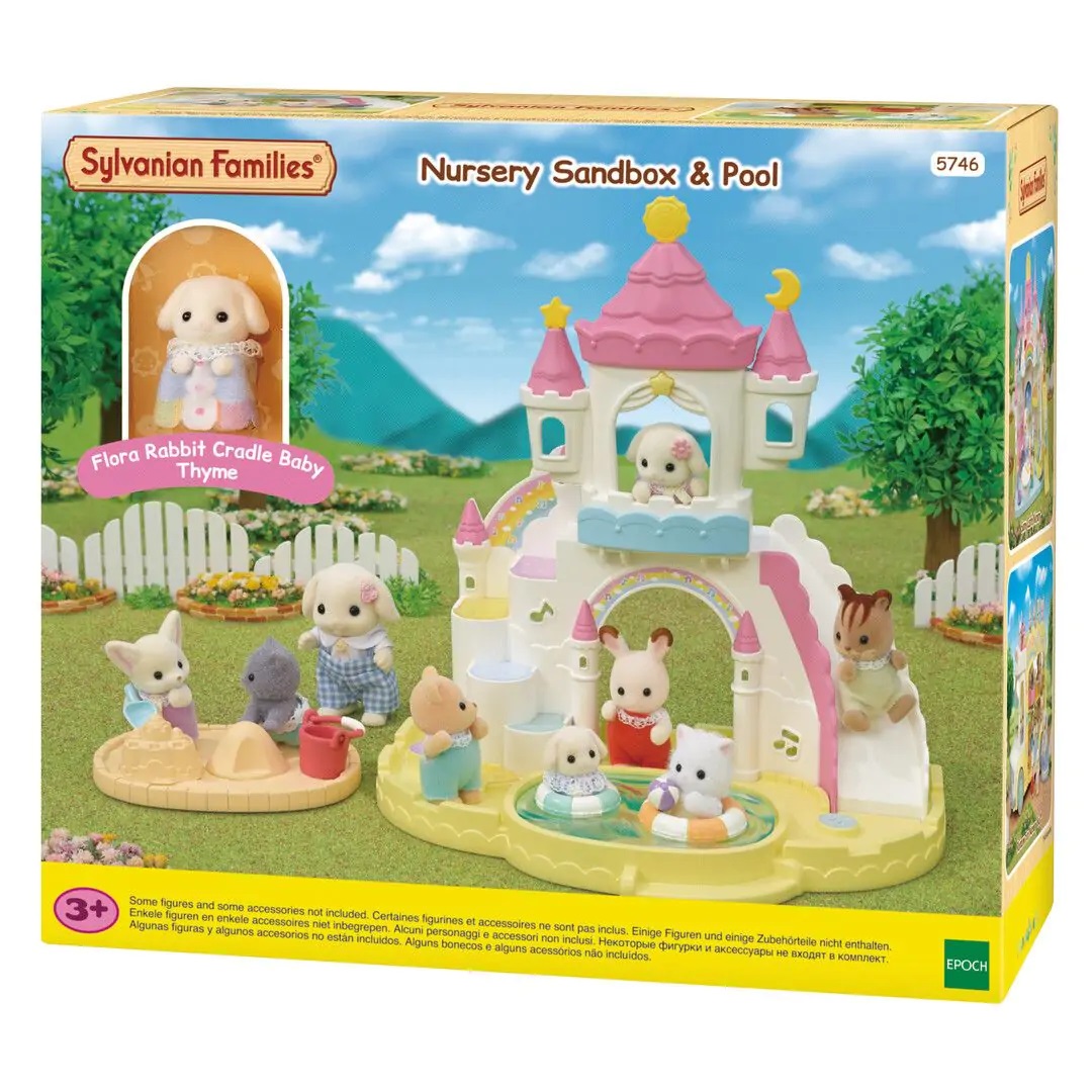Sylvanian Families 5746 Piscina e Sabbiera dell'Asilo con Bebè Coniglio Flora, Castello e Scivolo