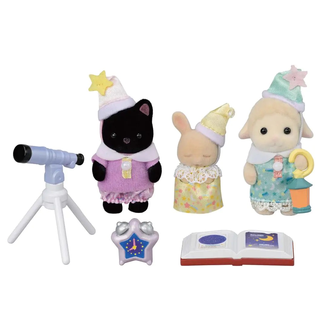 Sylvanian Families 5750 Amici dell'Asilo - Trio Pigiama Party con 3 Bebè in Pigiama e Telescopio