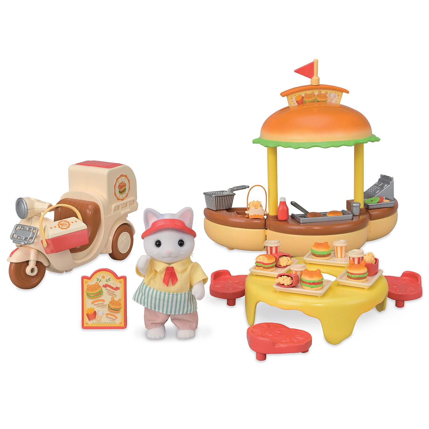 Sylvanian Families 5757 Chiosco Hamburger - Set da Gioco con Bicicletta e Figura del Padre Gatto Latte