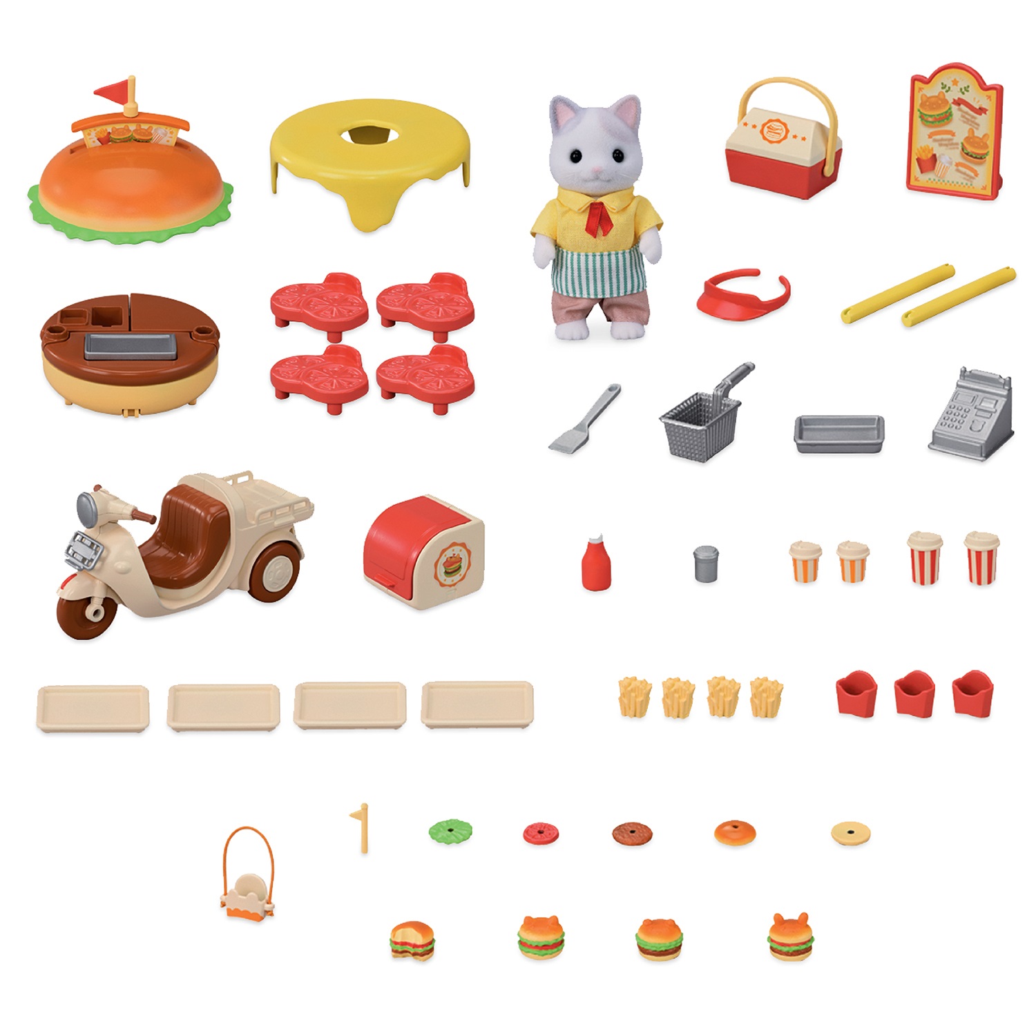 Sylvanian Families 5757 Chiosco Hamburger - Set da Gioco con Bicicletta e Figura del Padre Gatto Latte