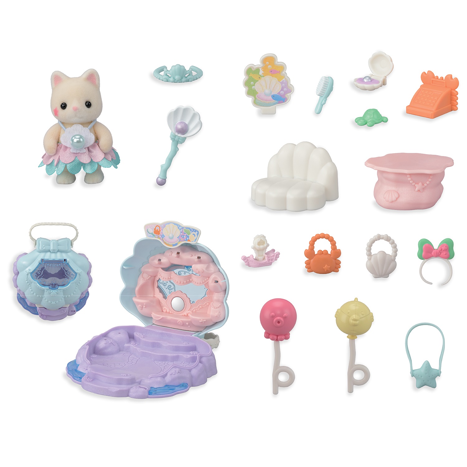 Sylvanian Families Baby Mermaid Shop - Playset con Negozio a Forma di Conchiglia e Bebè Gatto Seta