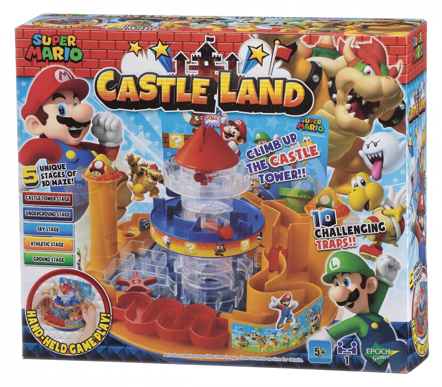EPOCH Super Mario Castle Land - Gioco da Tavolo con Labirinto Inclinabile 3D, 5 Fasi e 10 Trappole, per Bambini da 5 Anni