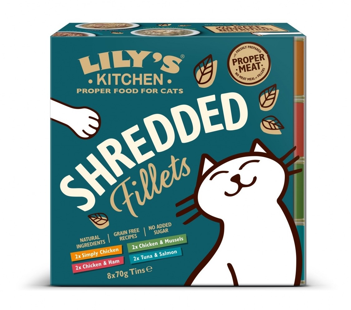 Lily's Kitchen Shredded Fillets Multipack - Cibo Umido per Gatti, 8 Lattine da 70 g, Gusti Assortiti di Pollo, Cozze, Prosciutto, Tonno e Salmone