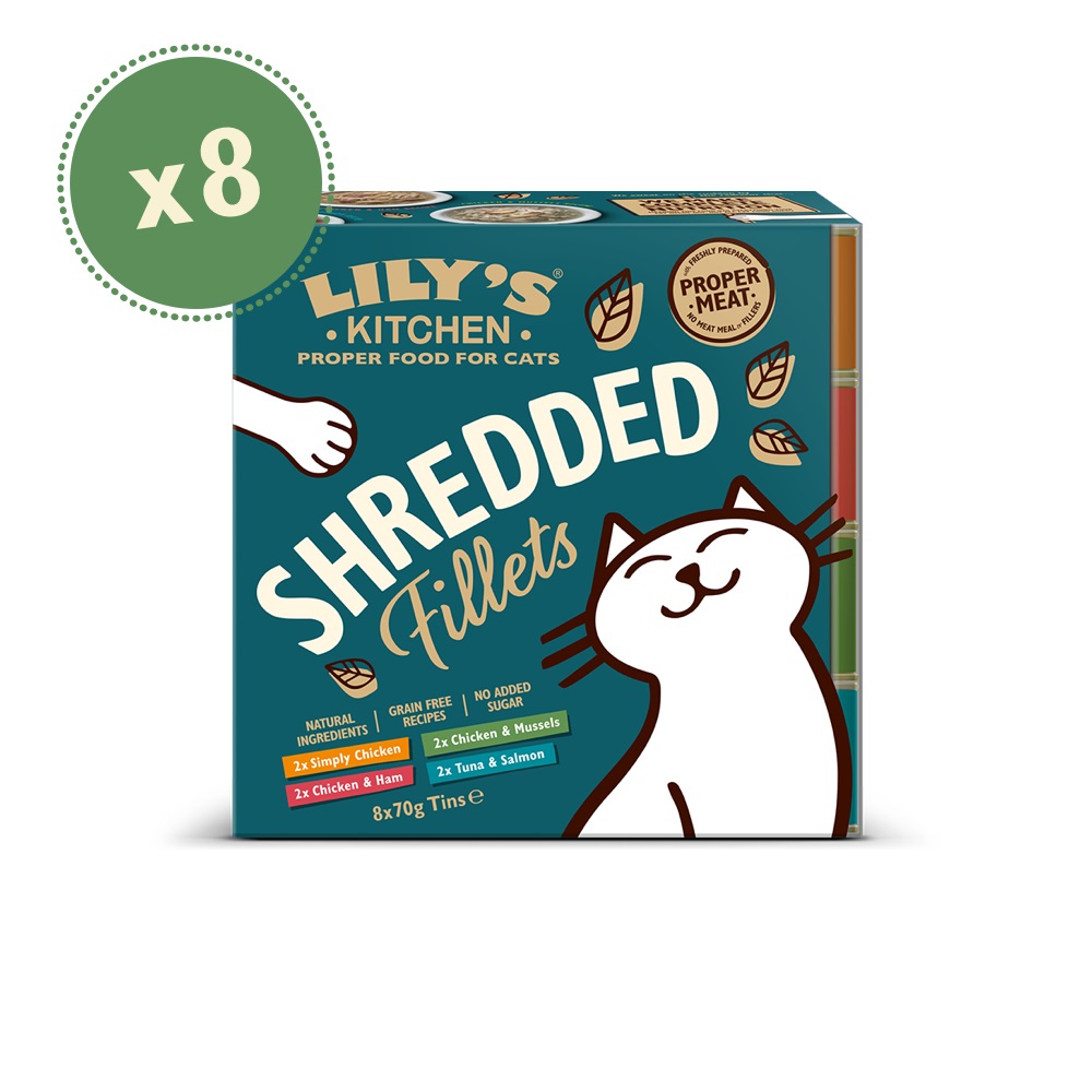 Lily's Kitchen Shredded Fillets Multipack - Cibo Umido per Gatti, 8 Lattine da 70 g, Gusti Assortiti di Pollo, Cozze, Prosciutto, Tonno e Salmone