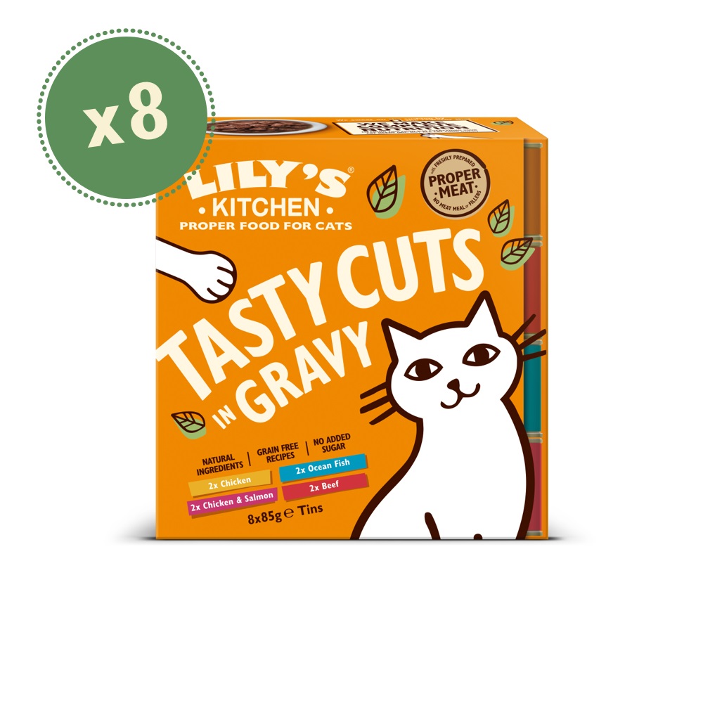 Lily's Kitchen Tasty Cuts in Gravy - Multipack 8x85 g (Pollo, Pesce, Pollo e Salmone, Manzo) - Cibo Umido Naturale per Gatti