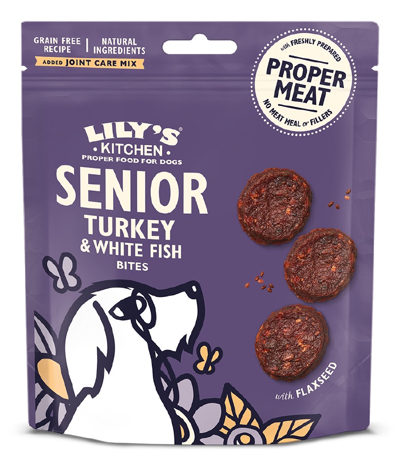 Lily's Kitchen Senior Turkey & Whitefish Bites Snack per Cani Anziani - 70 g, Senza Cereali e Glutine, Arricchito con Semi di Lino