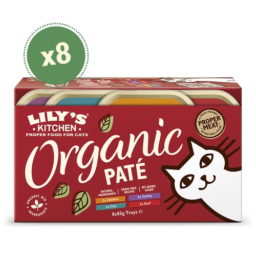 Lily's Kitchen Organic Patè Multipack Umido per Gatti - 8x85 gr (Pollo, Tacchino, Pesce, Manzo) - Cibo Umido Naturale e Biologico
