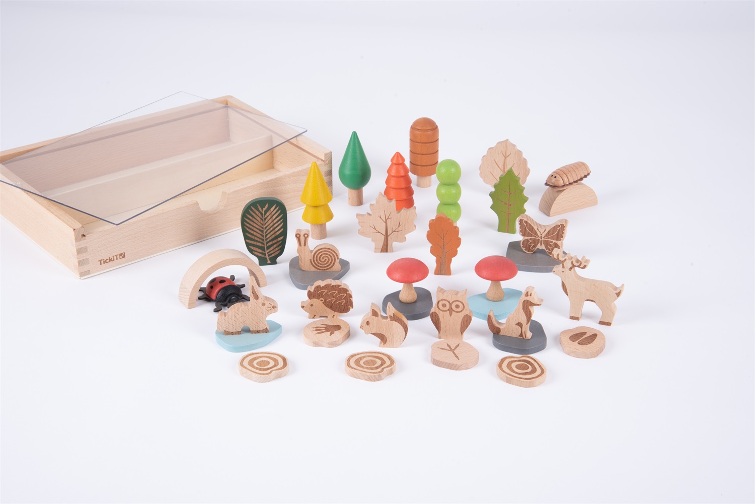 Tickit Woodland Trail Set - Gioco di finzione in legno con figure del bosco, alberi, animali e dettagli incisi