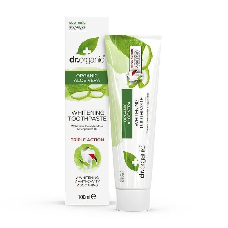 Dr. Organic Aloe Vera Dentifricio Rinfrescante Tripla Azione 100 g - Lenitivo, Sbiancante e Anti-Irregolarità