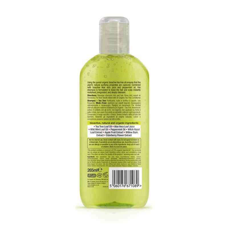 Dr. Organic Tea Tree Shampoo Unisex 265 ml - Con Aloe Vera Bioattivo e Olio di Menta Piperita, Rivitalizzante e Detergente Profondo