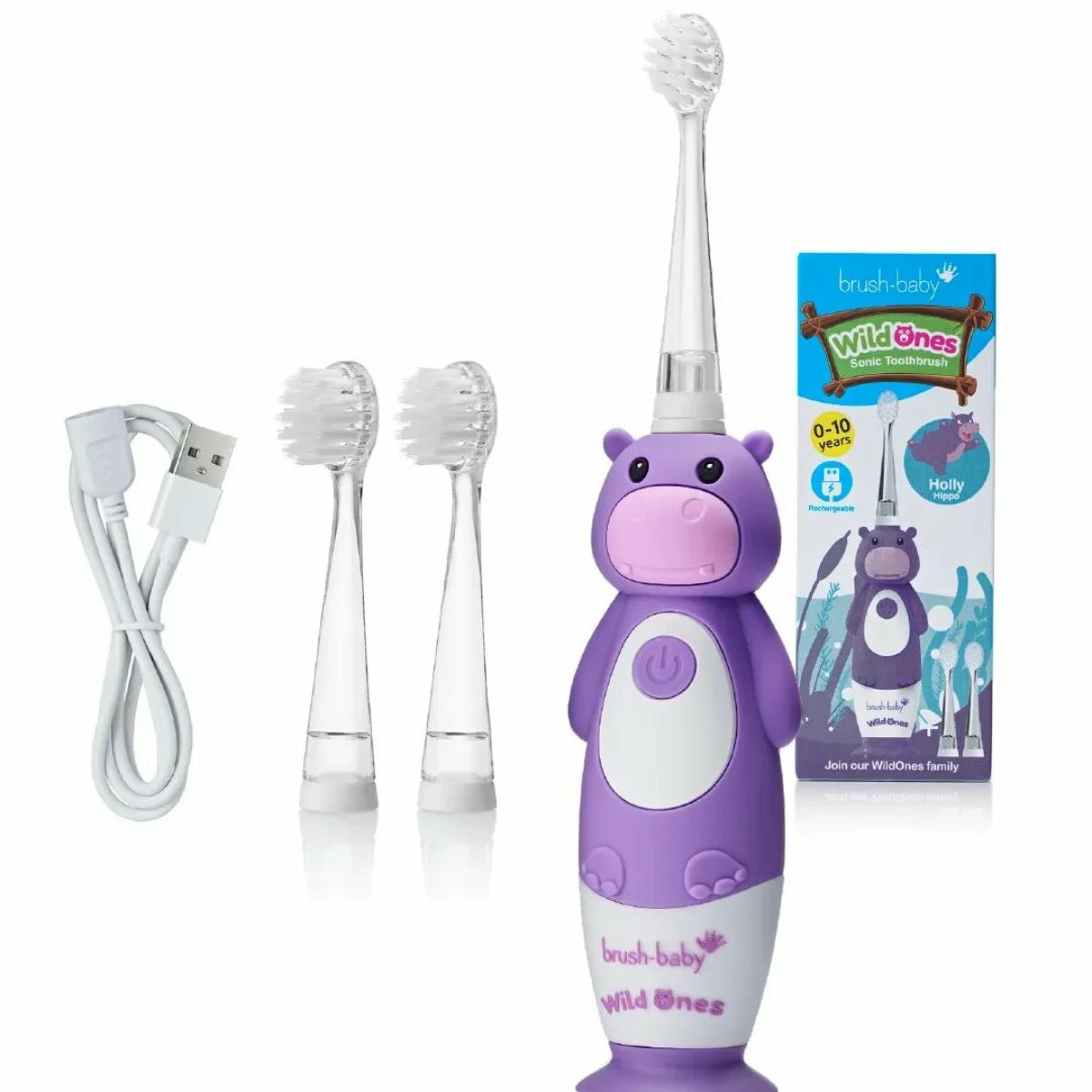 Brush-Baby WildOnes Spazzolino Elettrico Ricaricabile Hippo con 1 Manico, 3 Testine, Cavo di Ricarica USB, per Età 0-10, Modalità Dual Brushing