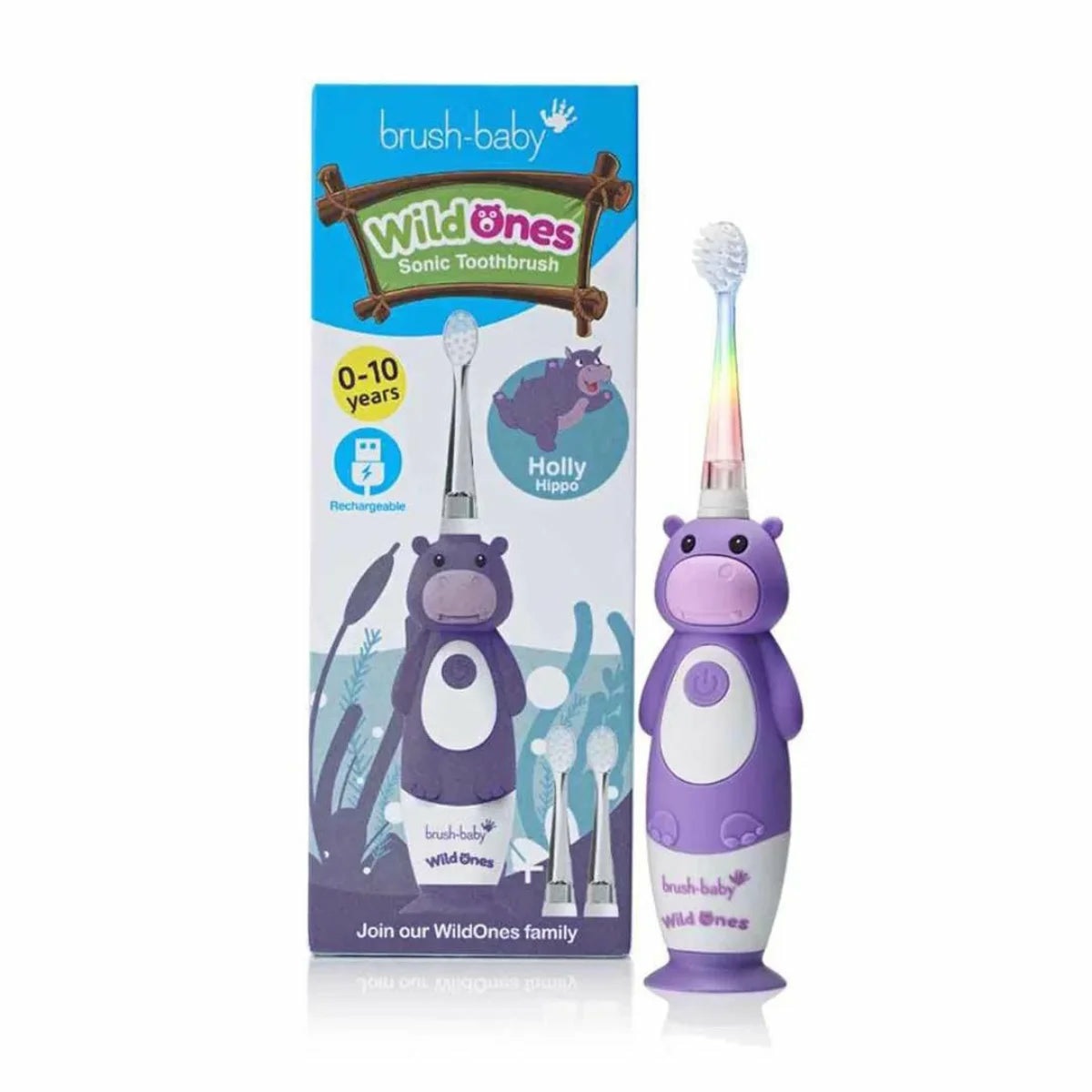 Brush-Baby WildOnes Spazzolino Elettrico Ricaricabile Hippo con 1 Manico, 3 Testine, Cavo di Ricarica USB, per Età 0-10, Modalità Dual Brushing