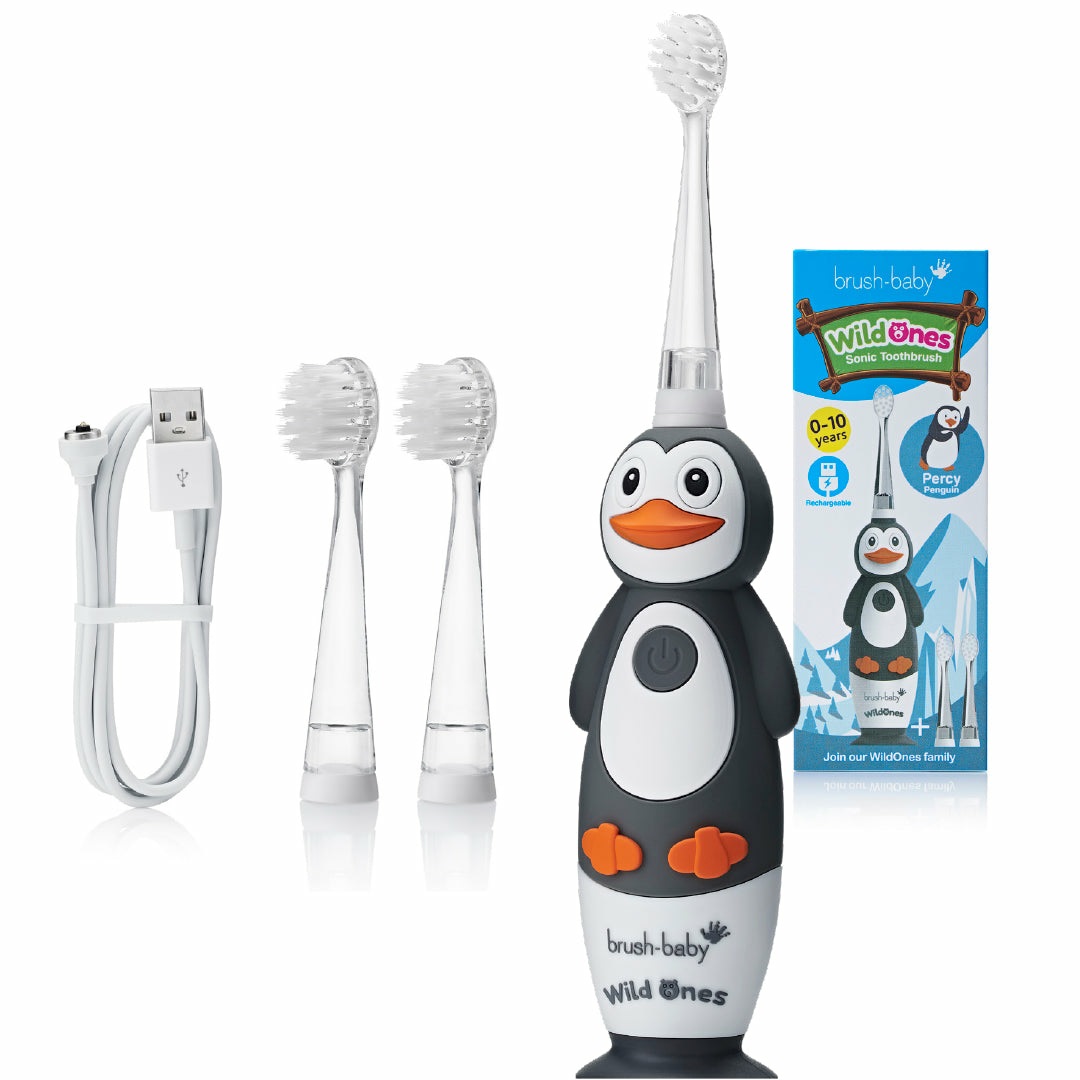 Brush-Baby WildOnes Kids Spazzolino Elettrico Ricaricabile Pinguino con 3 Testine, Cavo USB, per Bambini 0-10 Anni