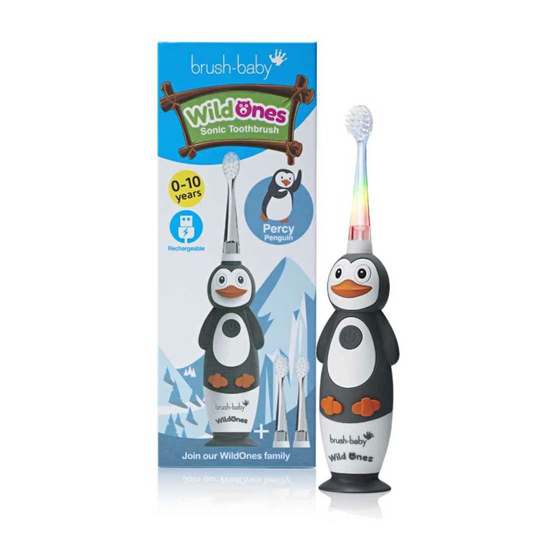 Brush-Baby WildOnes Kids Spazzolino Elettrico Ricaricabile Pinguino con 3 Testine, Cavo USB, per Bambini 0-10 Anni
