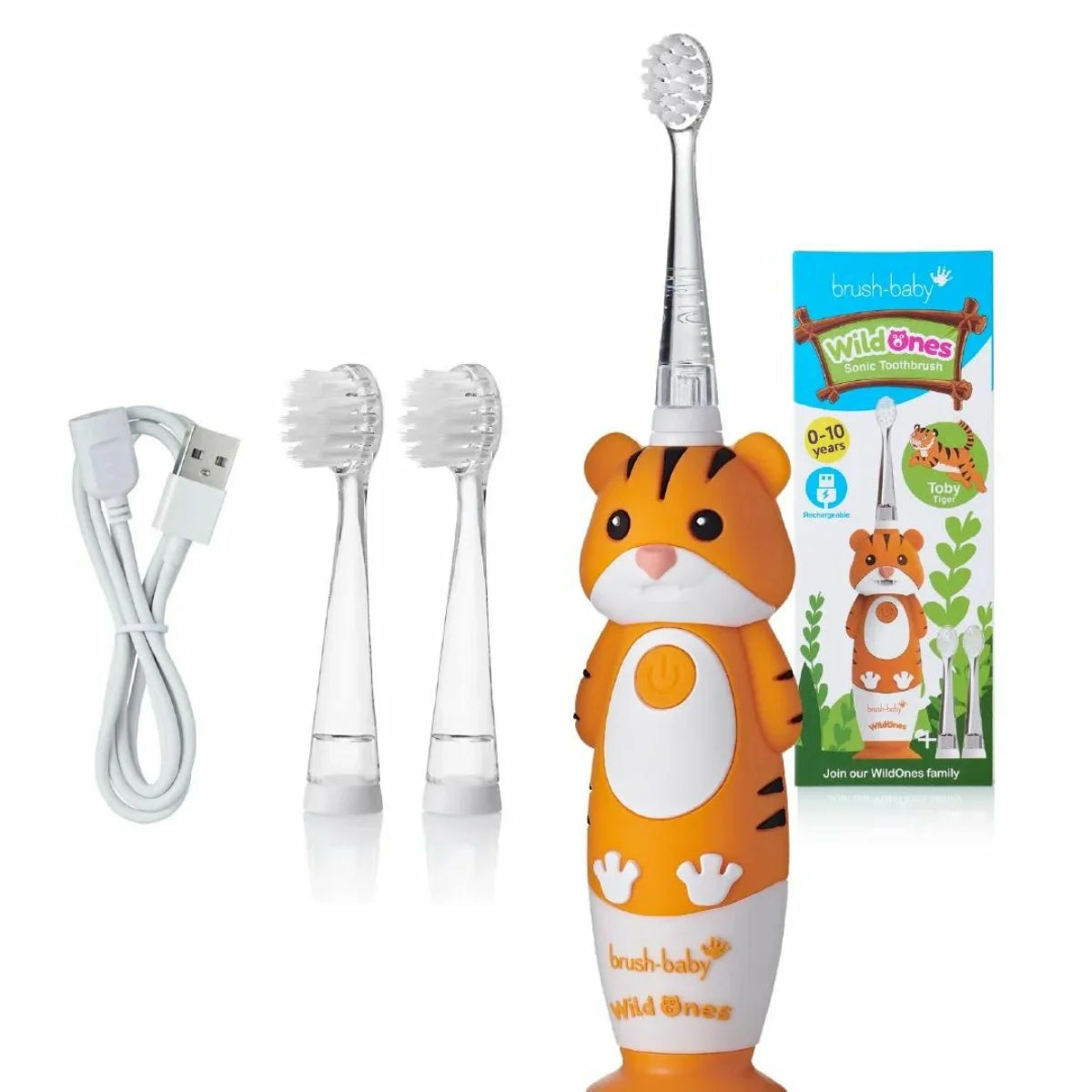 Brush-Baby WildOnes Spazzolino Elettrico Ricaricabile per Bambini - Nero, Arancione, Bianco, 1 Manico, Testina, Cavo USB, Doppia Modalità di Spazzolatura