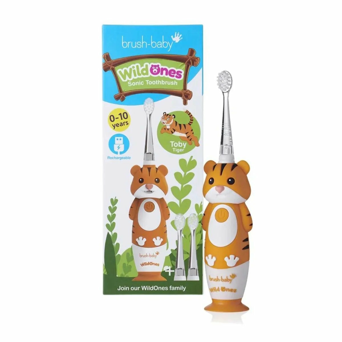 Brush-Baby WildOnes Spazzolino Elettrico Ricaricabile per Bambini - Nero, Arancione, Bianco, 1 Manico, Testina, Cavo USB, Doppia Modalità di Spazzolatura