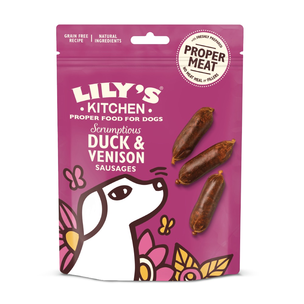 Lily's Kitchen Salsicce Deliziose di Anatra e Cervo 70 g - Snack Semi-Umidi Naturali per Cani