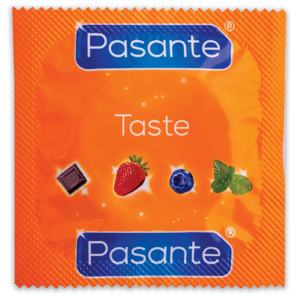 Pasante Taste - 12 Preservativi Aromatizzati con Fragola, Cioccolato e Mirtillo