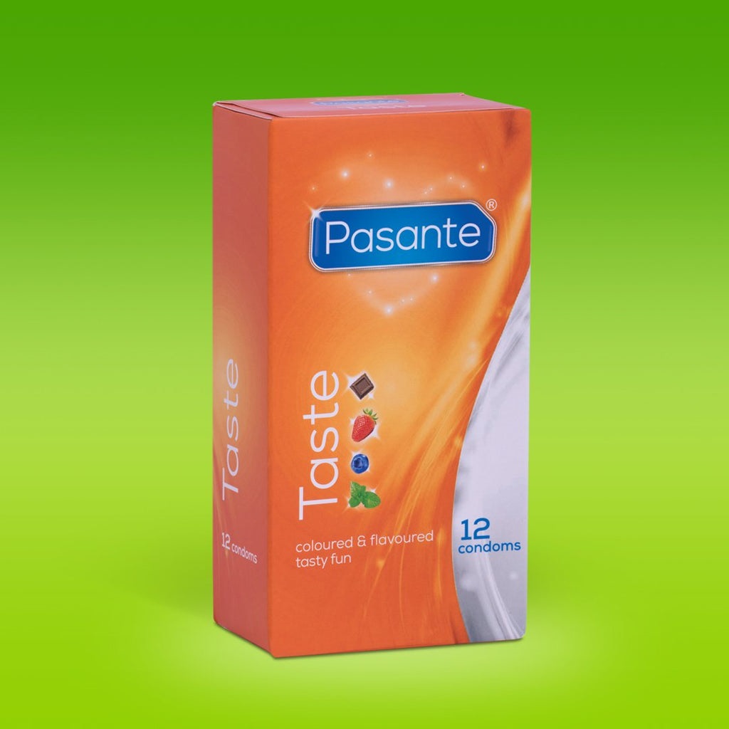 Pasante Taste - 12 Preservativi Aromatizzati con Fragola, Cioccolato e Mirtillo