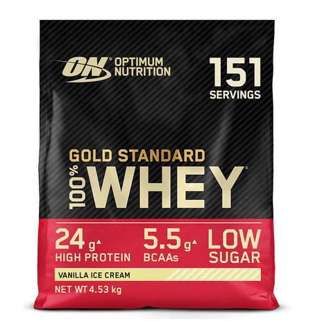 Optimum Nutrition Gold Standard 100% Whey - Proteine in polvere per Sviluppo e Recupero Muscolare con Glutammina e BCAA Naturali, Gusto Gelato alla Vaniglia, 151 Dosi, 4,53 kg