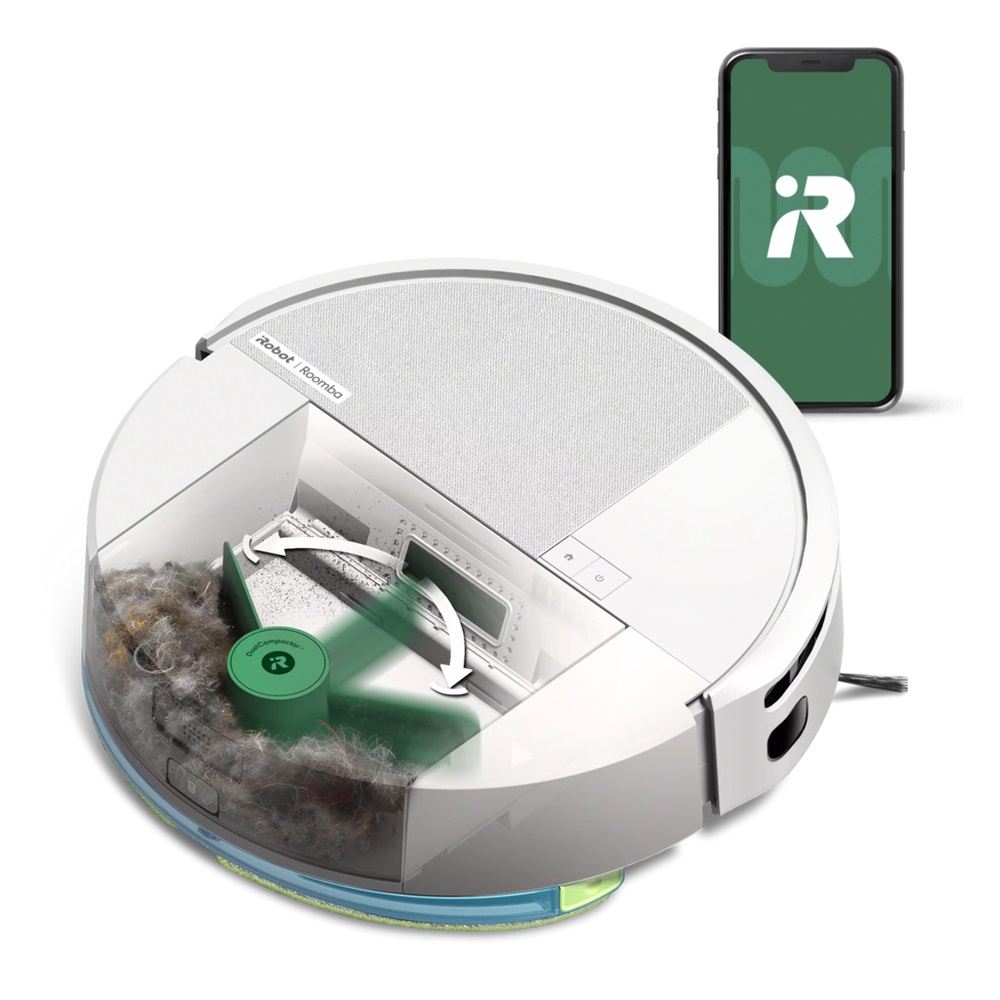 iRobot Roomba 205 DustCompactor Combo - Robot Aspirapolvere Lavapavimenti, Raccoglie e Compatta la Polvere, Navigazione LiDAR, Rileva Tappeti, Controllo App, Senza Sacchetto, Bianco