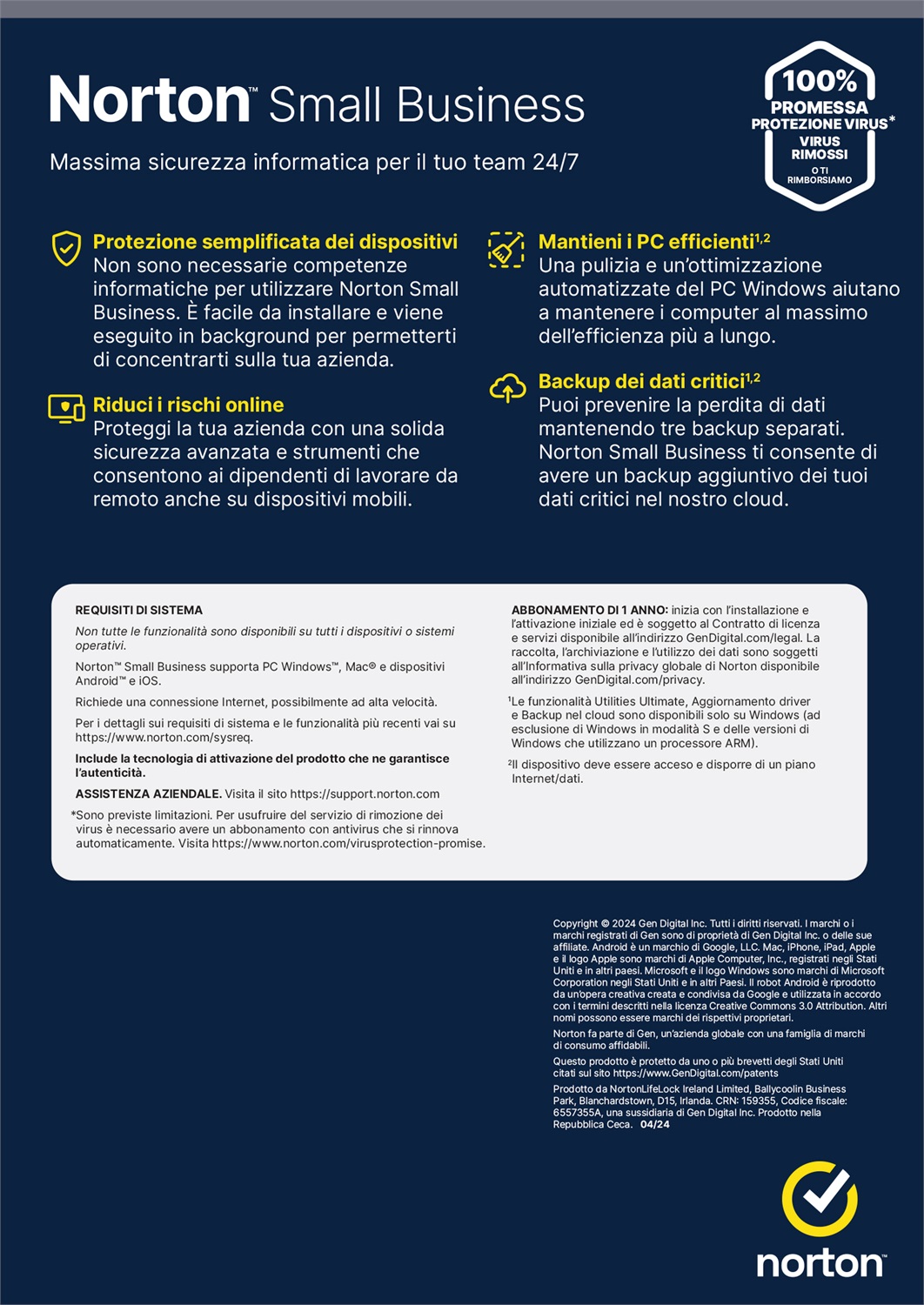 Norton Small Business | Protezione Antivirus per Piccole Imprese e Small Office | 6 Dispositivi | Licenza di 1 Anno | Spazio di Backup Cloud da 250 GB