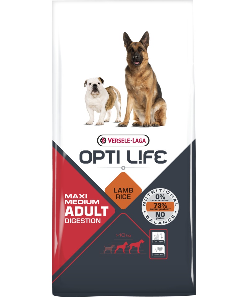 Versele-Laga Opti Life Adult Digestion Medium & Maxi - Crocchette per cani di taglia media e grande - 12,5 kg - Alimento completo, ipoallergenico e senza glutine