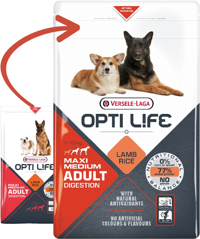 Versele-Laga Opti Life Adult Digestion Medium & Maxi - Crocchette per cani di taglia media e grande - 12,5 kg - Alimento completo, ipoallergenico e senza glutine