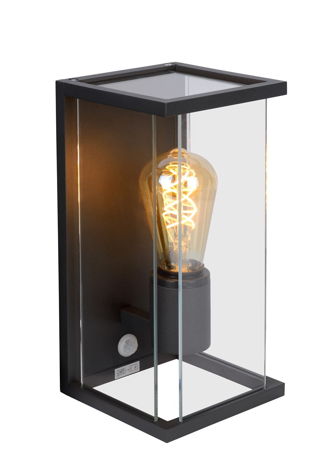 Lucide Claire - Lampada da parete esterna IP54 con sensore di movimento, E27, 15W, Nero e Vetro