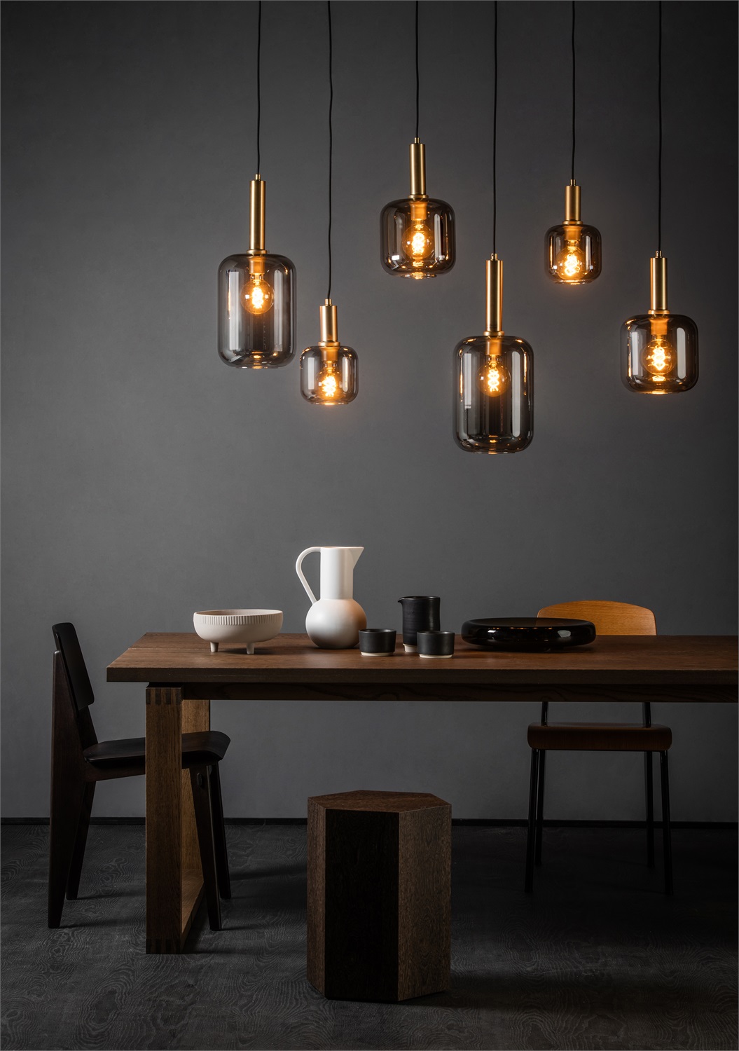 LUCIDE JOANET - Lampada a sospensione in vetro fumo grigio, 6 x E27, regolabile in altezza e compatibile con LED