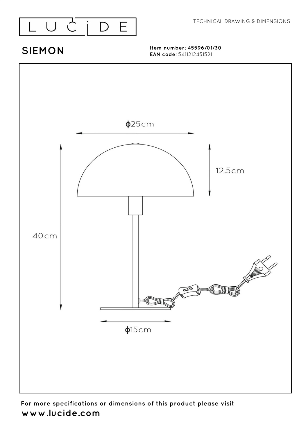 Lucide SIEMON - Lampada da tavolo in acciaio Ø 25 cm, 1 luce E14, compatibile LED, interruttore On/Off